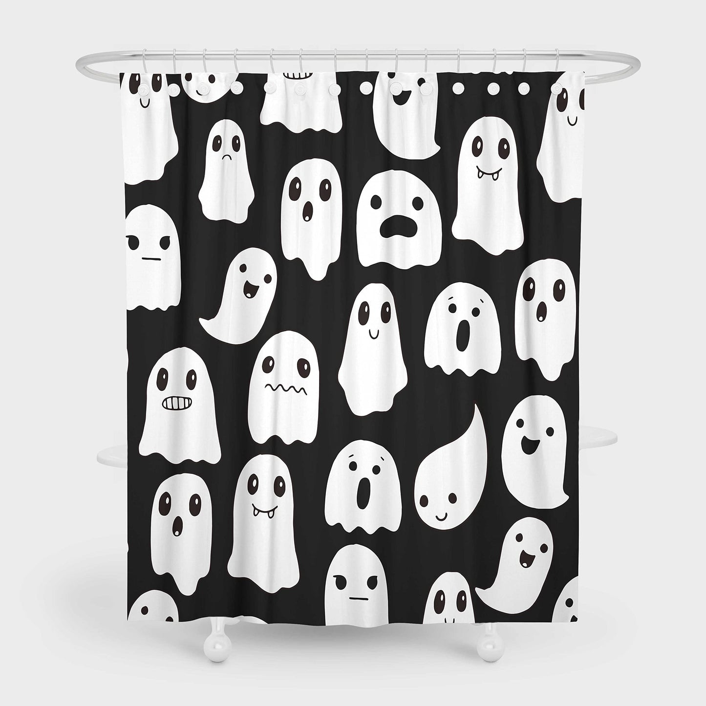 SHENGJUN 72x78 Inches Halloween Ghost Shower Curtain, Spooky Cute Funny Cartoon Ghosts Icons Black and White Fabric Kids Boy Trick or Treat Bathroom Shower Curtain with 12 Hooks