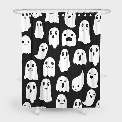 SHENGJUN 72x78 Inches Halloween Ghost Shower Curtain, Spooky Cute Funny Cartoon Ghosts Icons Black and White Fabric Kids Boy Trick or Treat Bathroom Shower Curtain with 12 Hooks