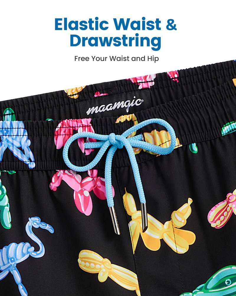 maamgic Mens Swim Trunks with Compression Liner 5 Inch, Quick Dry Bathing Suit with Zipper Pockets, Stretch No-Chafing Swim Shorts, Colorful Animals X-Small