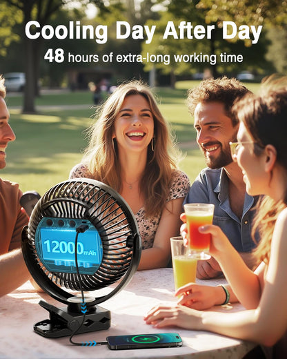 FRIZCOL 12000mAh 8 Inch Portable Clip On Fan Rechargeable, Battery Operated Desk Fan, Camping Fans with lights and Remote, USB Fans Sturdy Clamp for Golf Cart Desk Office Stroller Bedroom Tent