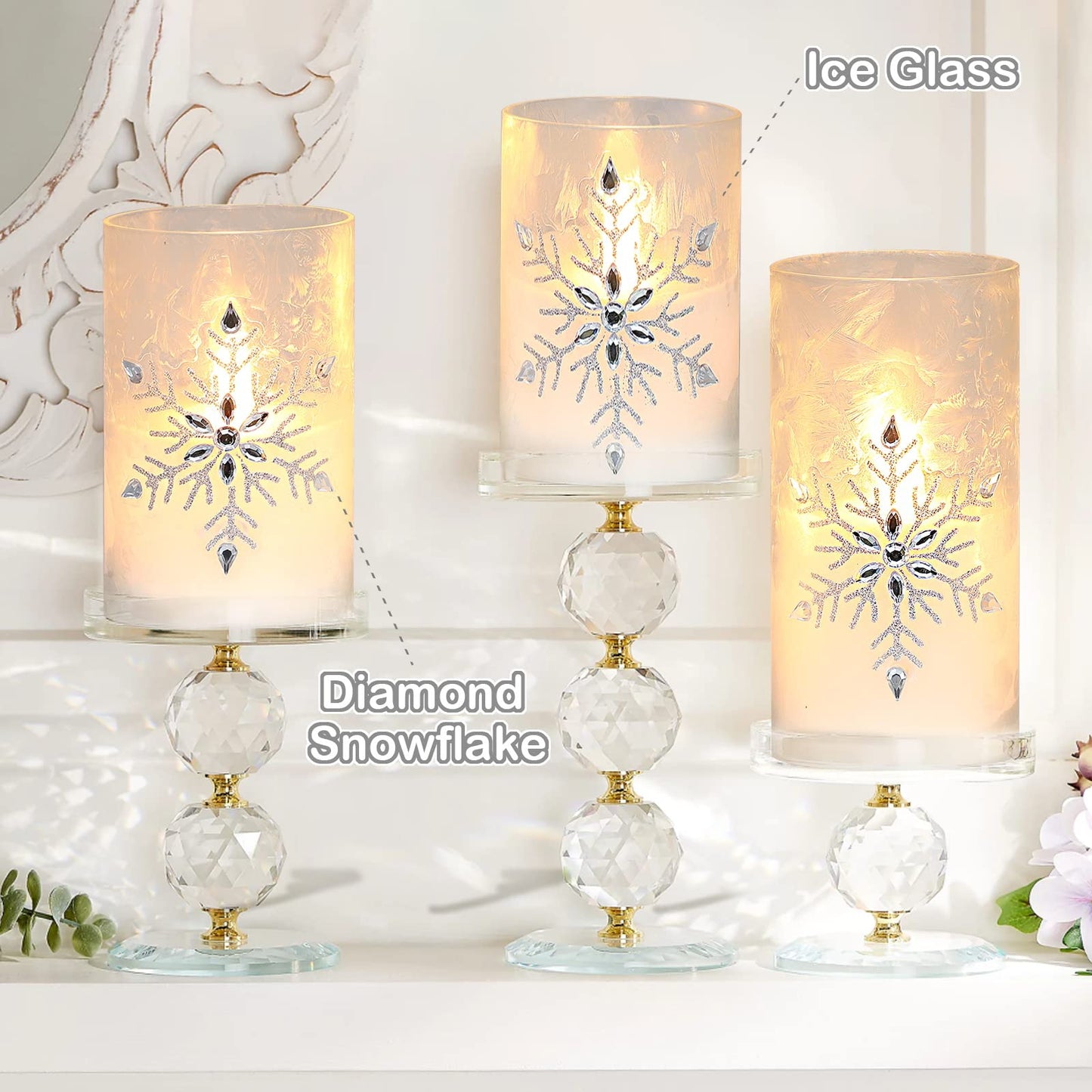 Immeiscent Christmas Flameless Candles, Jeweled Snowflake Iced Glass Candle, LED Flickering Pillar Candle with Timer&Remote for Xmas,Home Decor,Holiday,Set of 3 (D 3” X H 4” 5” 6”)