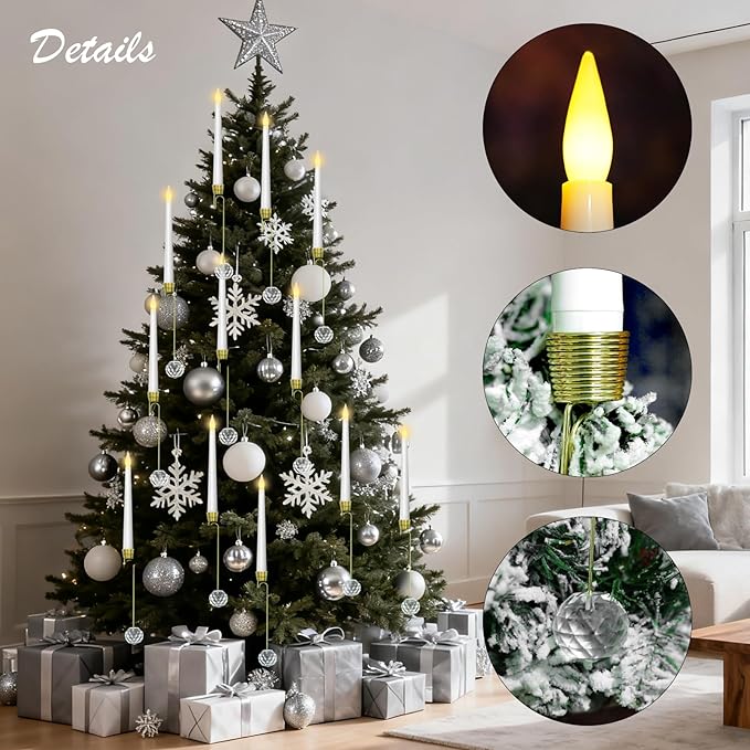 Flameless Christmas Tree Hanging Candles with Remote,12 Pcs LED Taper Candles,Flickering Battery Operated Taper Candle with 12 Crystal Ball Hooks for Christmas Decorations Best Gift(White)