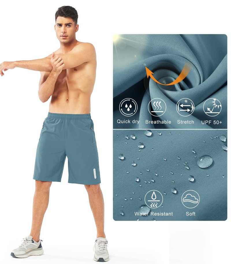 NORTHYARD Men's Athletic Running Shorts Gym Workout 7"/9"/5" Quick Dry Lightweight Sports Basketball Tennis 3 Zipper Pockets GREYBLUE-9inch S