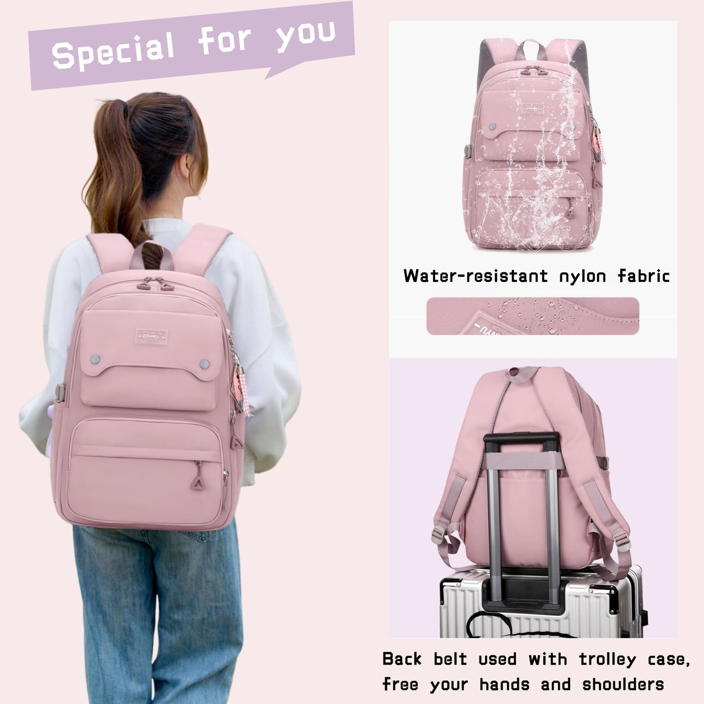 Solid Color School-Bags Backpacks for Teens Girls, Multi-pocket Elementary Girls Bookbags,Lightweight Casual Daypack