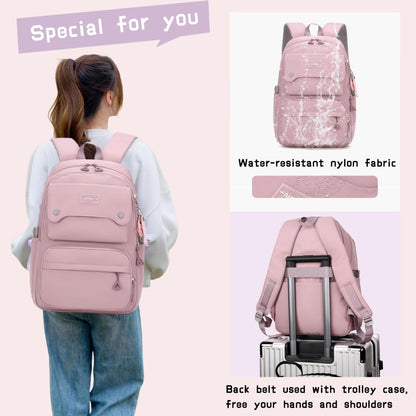 Solid Color School-Bags Backpacks for Teens Girls, Multi-pocket Elementary Girls Bookbags,Lightweight Casual Daypack