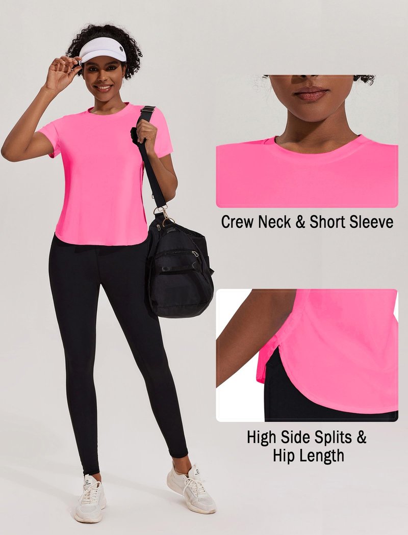 PINSPARK Workout Tops for Women Short Sleeve Workout Shirts Breathable Running Shirt Moisture Wicking Sun Shirt for Athletic Casual, Hot Pink Large