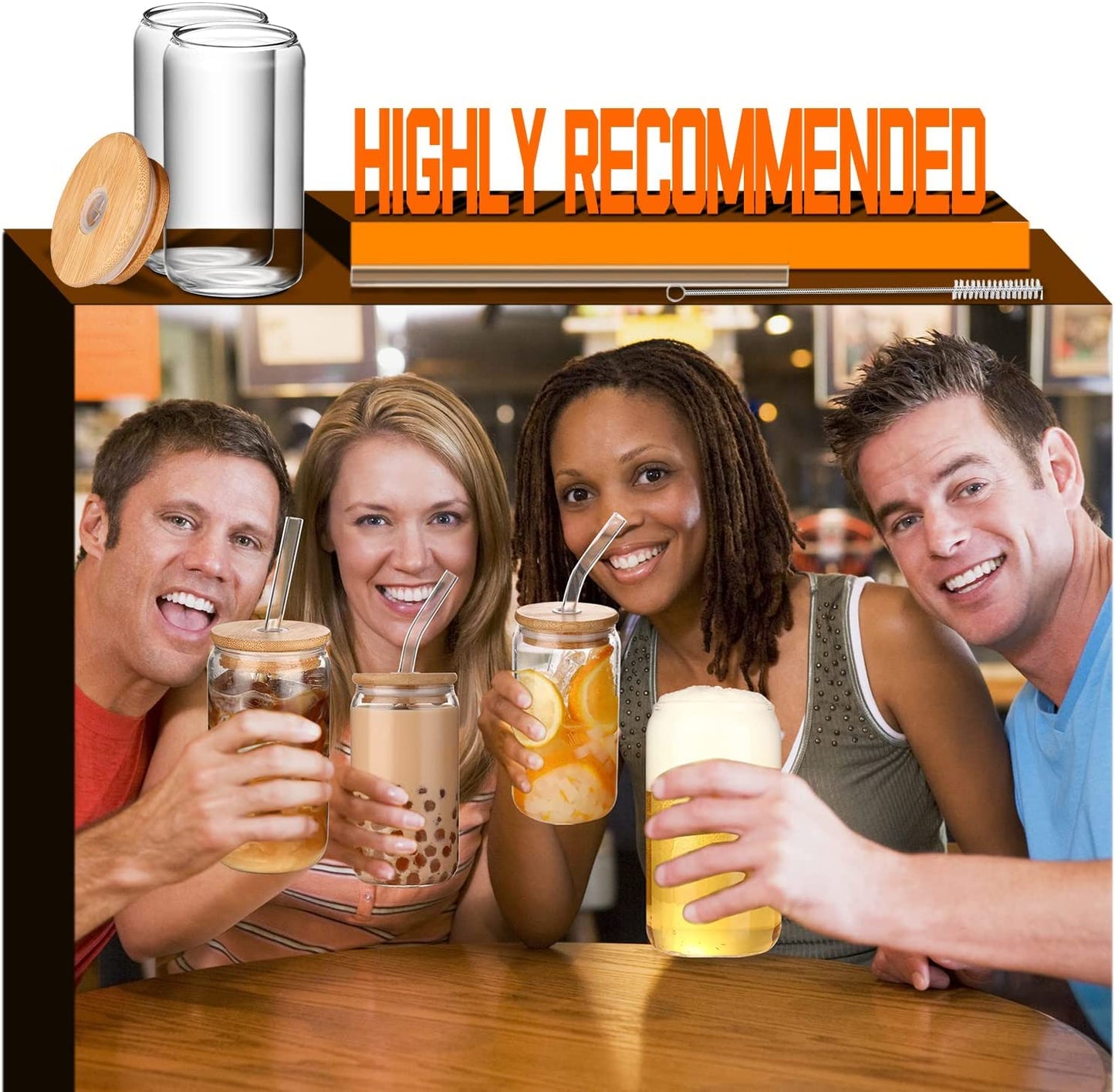 DWTS DANWEITESI Glass Cups with Lids and Straws 4 pcs,16oz Drinking Glasses Set for Coffee Bar Accessories Iced Coffee Cups with Lids,Glass Tumbler Reusable for Gifts