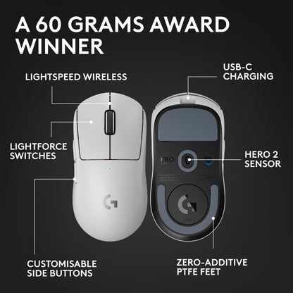 Logitech G PRO X SUPERLIGHT 2 LIGHTSPEED Wireless Gaming Mouse, 8K Polling, Lightweight, 60g, LIGHTFORCE Hybrid Switches, HERO 2 Sensor, 888 IPS, 44K DPI, 5 Programmable Buttons, USB-C, PC/Mac - White