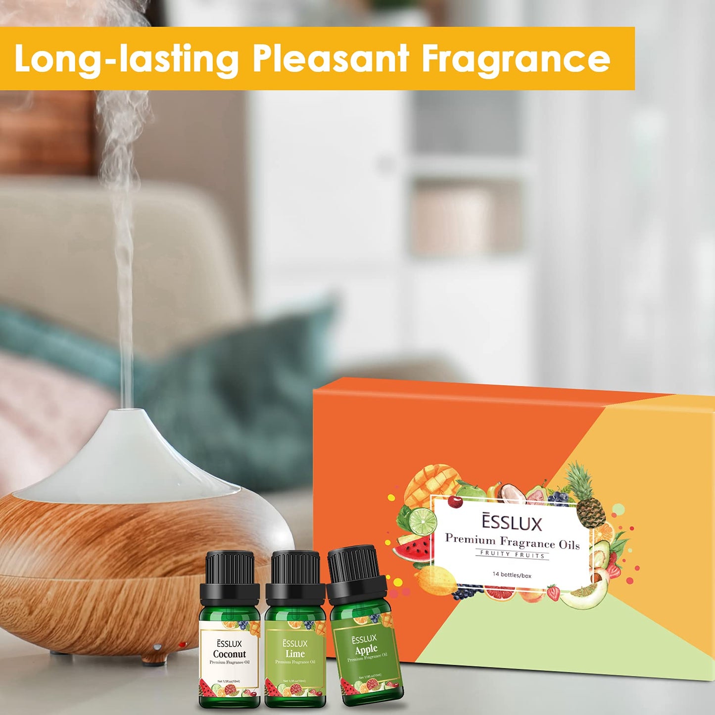 Fruity Fragrance Oils Set, ESSLUX 14 Premium Fruit Scented Oils for Diffuser, Soap Candle Making Scents, Coconut, Peach, Watermelon, Pineapple and More, Aromatherapy Essential Oils Gift Set for Home
