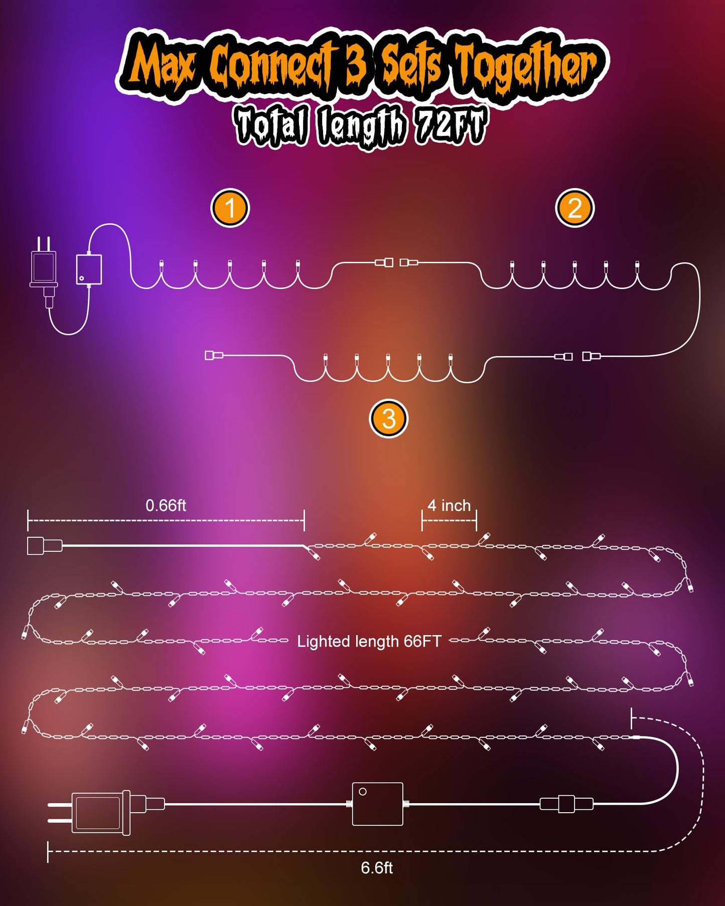 66FT Purple & Orange Halloween Lights Outdoor, 200 LED Halloween String Lights with 8 Modes, Plug in Orange Purple Hanging Twinkle Waterproof Light for Party Garden Bedroom Decorations