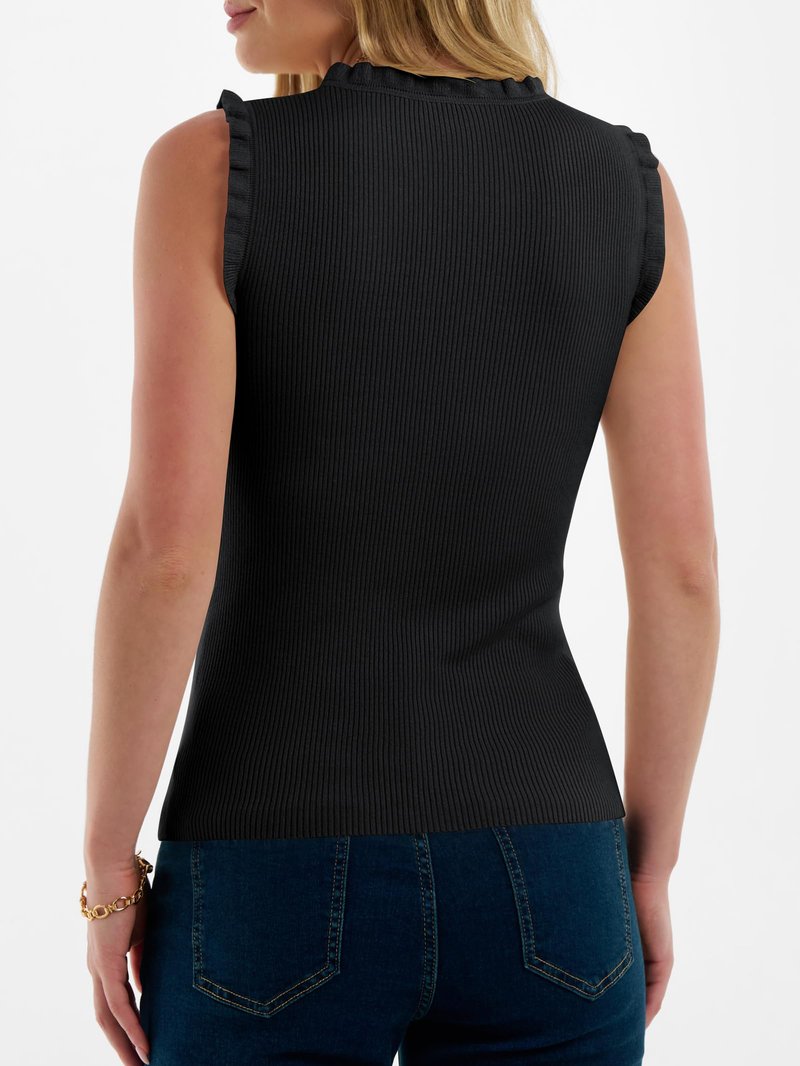 ANRABESS Ribbed Tank Tops for Women Crew Neck Ruffle Sweater Vest Cute Sleeveless Shirts 2026 Summer Business Casual Outfits Black Small
