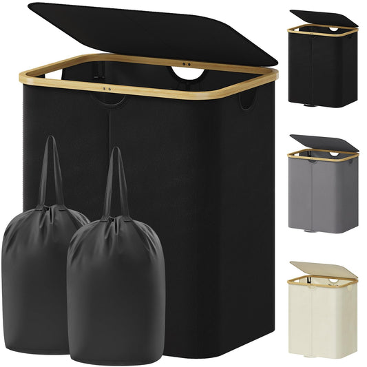 Lifewit 120L Double Laundry Hamper with Lid, Large Laundry Basket with Removable Bag & Bamboo Handles, Fodable Tall Dirty Clothes Hamper for Laundry Collapsible Bin for Bathroom Bedroom Dorm, Black