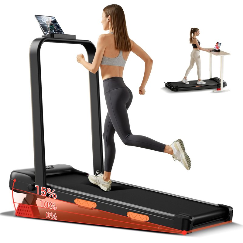 Walking Pad Treadmill with Handle Bar - 2.5HP Quiet Folding Treadmill for Home Office Under Desk Portable Walking Pad with 15% Incline 300LBS Capacity