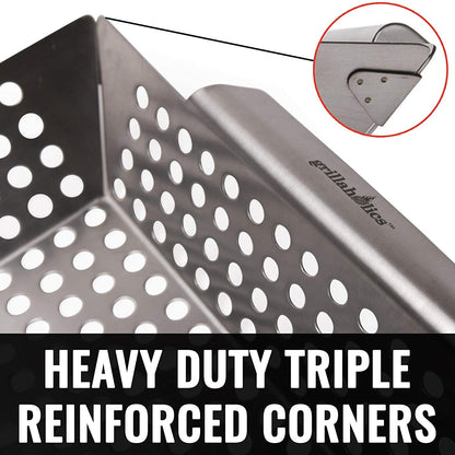 Grillaholics Vegetable Grill Basket for Outdoor Grill - Extra Large, Heavy-Duty Stainless Steel Veggie Grilling Basket with Handles