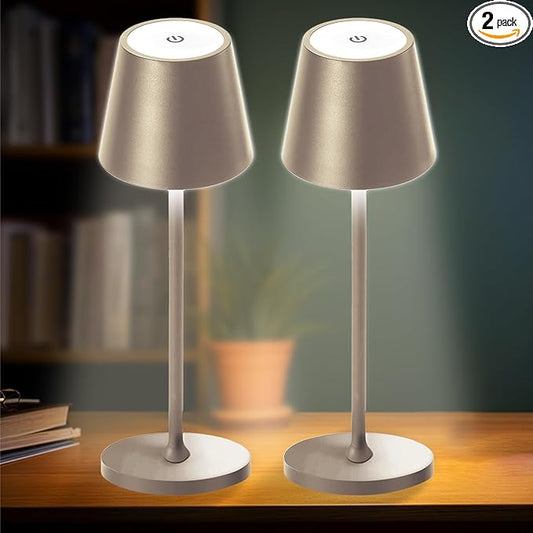 2 Pack Cordless Table Lamp,Portable LED Desk Lamp, 5200mAh Battery Operated, 3 Color Stepless Dimming Up, for Restaurant, Bedroom, Bars, Outdoor Party, Camping, Coffee Shop Night Light Brass