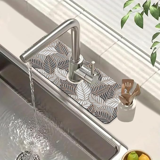 Embossed Leaf Texture Sink Splash Guard Grey Leaf Faucet Absorbing Mat Fast