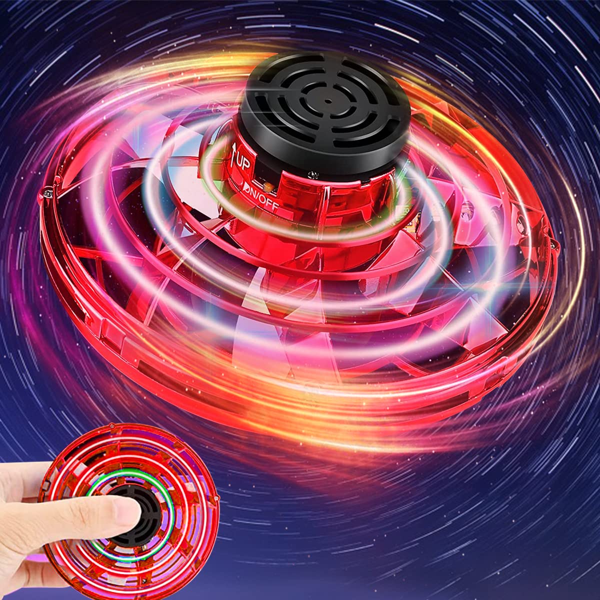 Flying Spinner Toys, Hand Controlled Mini Drone, RGB Light Fidget Boomerang Spinner, 360 Rotating Fly UFO Spin Drone, Flying Space Toys Gift For Kids Adults Outdoor Indoor (Red)