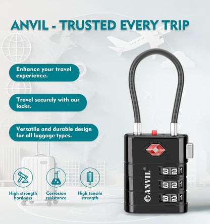ANVIL TSA Approved Luggage Locks – High Security TSA008 Combination Travel Locks with Inspection Indicator for Suitcases and Backpacks. (2, Black)