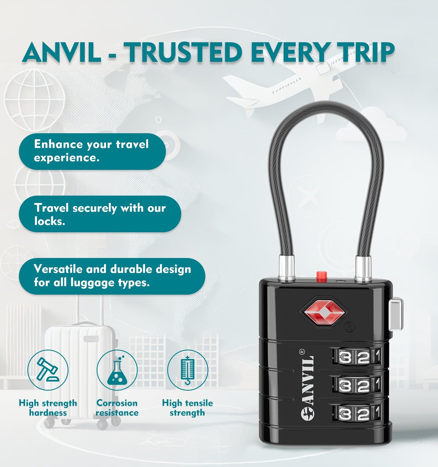 ANVIL TSA Approved Luggage Locks – High Security TSA008 Combination Travel Locks with Inspection Indicator for Suitcases and Backpacks. (2, Black)
