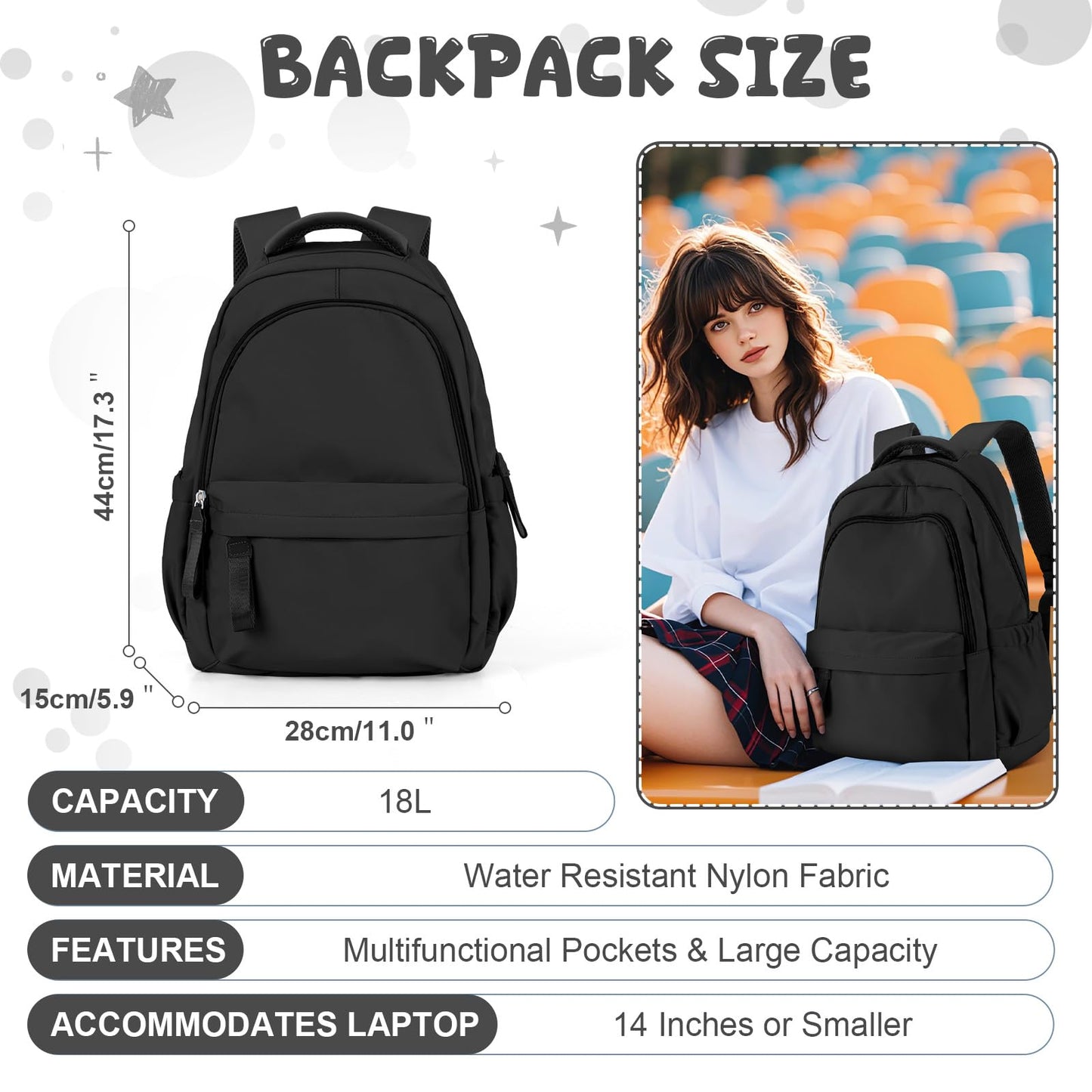 HYC00 Laptop Backpack for Women School Backpack Lightweight School Bags for Teen Girls Travel Work Rucksack Bag for Women College Bookbag 15.6 Inch Laptop Rucksack Casual Daypack Work Bag,Black