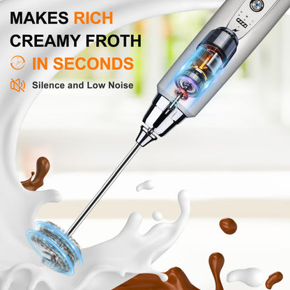 YUSWKO Black Handheld Milk Frother Wand for Coffee, Rechargeable Electric Whisk with 3 Heads 3 Speeds Drink Mixer Coffee Frother For Latte, Cappuccino, Hot Chocolate, Egg