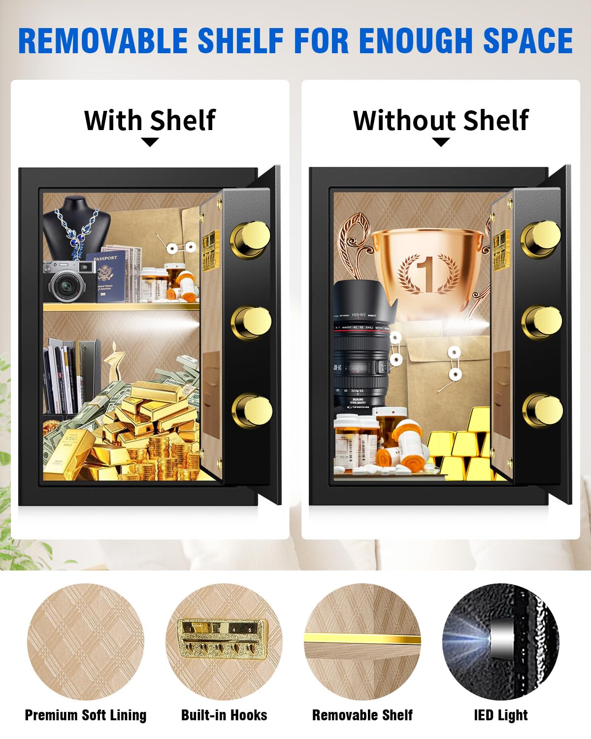 2.8 Cub Home Use Safe Box Fireproof Waterproof, Safety Box with Digital Keypad Sensor Light Key for Hotel Office Money Documents