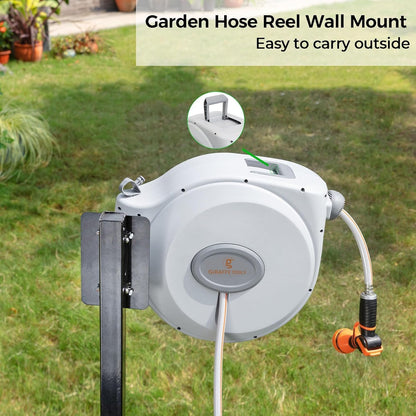 Giraffe Tools CW20 Retractable Garden Hose Reel 5/8" x 60 ft Heavy Duty Water Hose Reel, Swivel Bracket, Any Length Lock, Light Grey