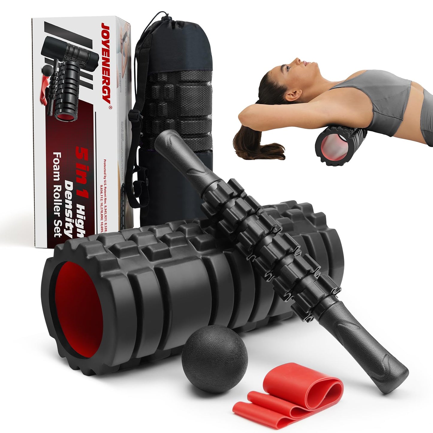 JOYENERGY 5 in 1 Foam Roller Set High Density Foam Roller Patented, Massage Stick, Massage Ball, Resistance Band for Deep Muscle Massage Pilates Yoga, Fitness for Trigger Point Release