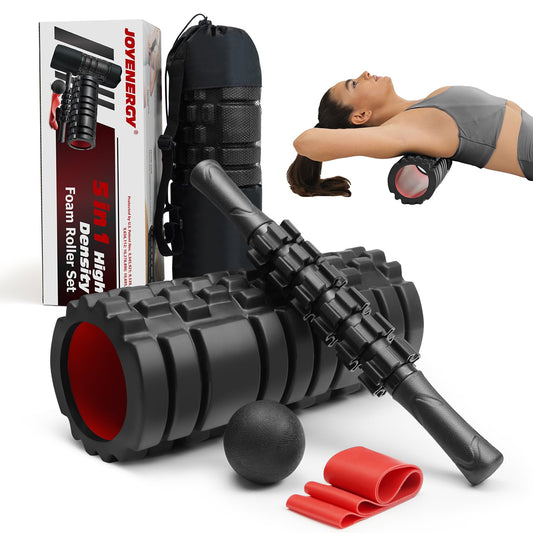 JOYENERGY 5 in 1 Foam Roller Set High Density Foam Roller Patented, Massage Stick, Massage Ball, Resistance Band for Deep Muscle Massage Pilates Yoga, Fitness for Trigger Point Release