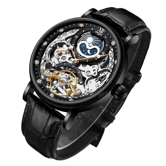 IK COLOURING Mens Luxury Skeleton Automatic Mechanical Wrist Watches Leather Moon Phrase Luminous Hands Self-Wind Watch