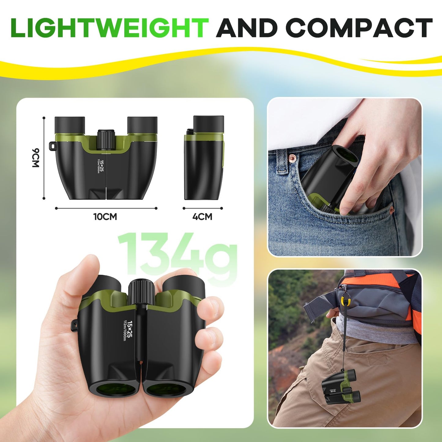 High Powered 15x25 Compact Binoculars for Adults&Kids with BAK4 Prism,FMC Lens,Waterproof Binocular with Low Light Vision,Small Binoculars for Cruise Ship/Theater/Travel/Sightseeing (Green)