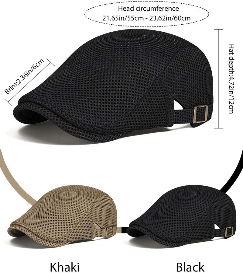 Men's Flat Caps - Adjustable Breathable Mesh Newsboy Beret | 2-Pack Irish Cabbie Hats