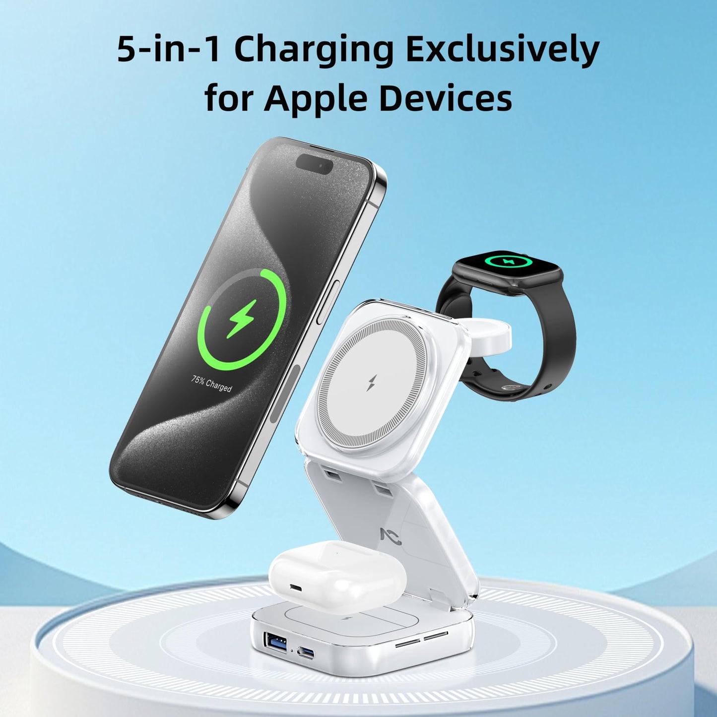 5-in-1 Wireless Charger for MagSafe, AC ISLAND Portable Travel Charging Station, 15W Max Fast Foldable Magnetic Stand, Evolved for iPhone 16/15/14/13 Series, Apple Watch, AirPods (with 35W Adapter)