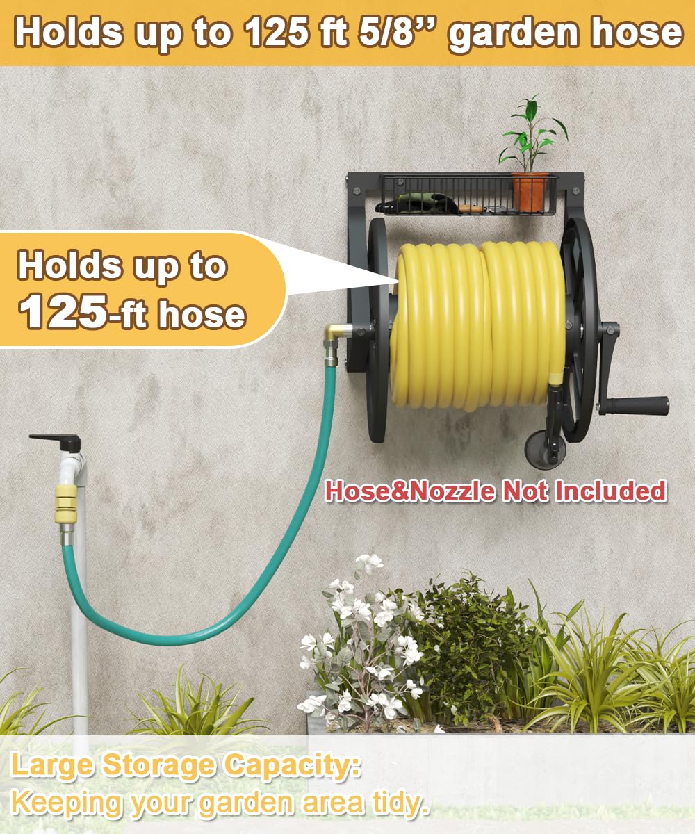 Artigarden Triangle Wall Mounted Garden Hose Reel, Outdoor Heavy-Duty Water Hoses Holder Winder, Holds 125 Ft of 5/8-Inch Hose, with 3.9 ft Leader Hose, Brass Fitting, Storage Basket for Yard, Black