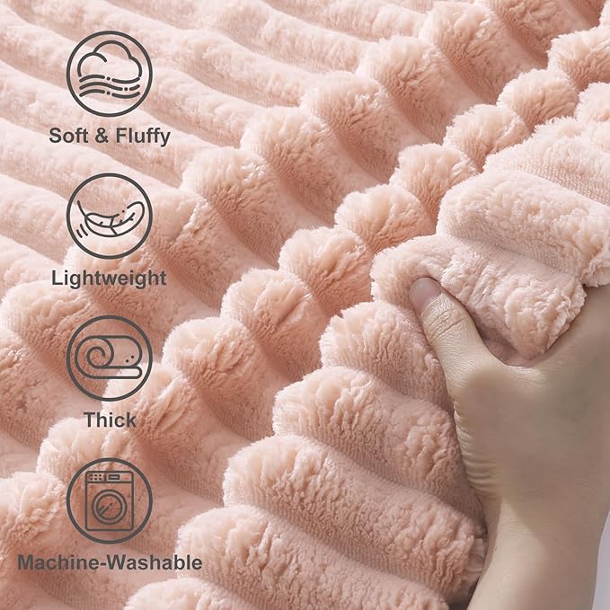 decorUhome Soft Fleece Pink Blanket Queen Size for Bed, Cozy Fluffy Plush Flannel Large Striped Throws for Couch Sofa, Lightweight Decorative Fuzzy Blanket for Woman, 90x90 Inches