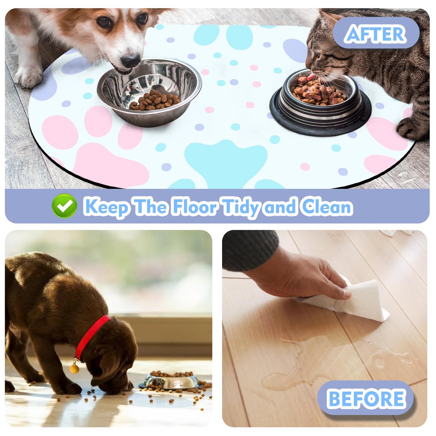 Dog Feeding Mat 24''x16'', Absorbent Pet Food Mat, No Stains Quick Dry Pet Water Mat Protect Floor, Cat Dog Water Bowl Mat for Messy Drinkers, Non-Slip Rubber Base Pet Placemats for Food and Water