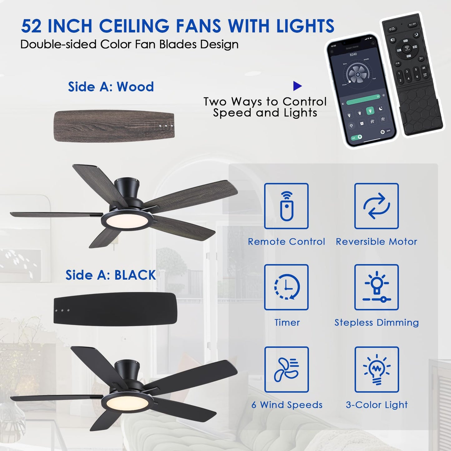 BYKISTOK Flush Mount Ceiling Fan with RGB Light - 52In Black Ceiling Fan Light with Reversible Mute Motor, LED 3CCT Dimmable, Low Profile Modern Ceiling Fans for Indoor, Party, Covered Outdoor