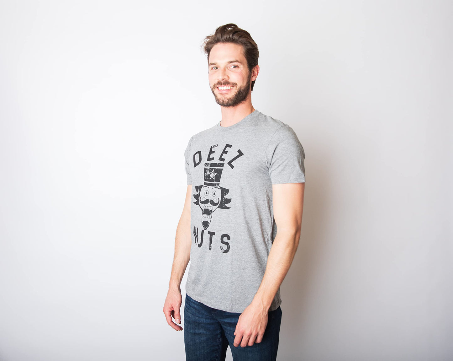 Crazy Dog Mens Holiday Novelty T Shirt Deez Nuts Funny Nutcracker Christmas Pun Shirt Meme Cringe Bro Ugly Sweater Party Tee Dark Heather Grey L