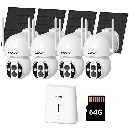 GAIEXCE Solar Cameras Outdoor Wireless, No Subscription, Expandable to 10CH, 4 Cam Kit, Home Security Camera System, 4MP Color Night Vision, 360° Pan&Tilt, Auto Tracking, 2.4G/5G WiFi, 64G SD Card