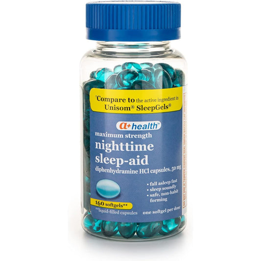 A+Health Nighttime Sleep Aid Diphenhydramine 50 mg Softgels Maximum Strength, 160 Count