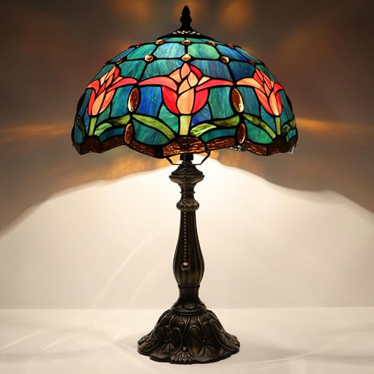 Tiffany Lamp Stained Glass Table Lamp Bedside Reading Light W12H19 Inches (Tulip Style)