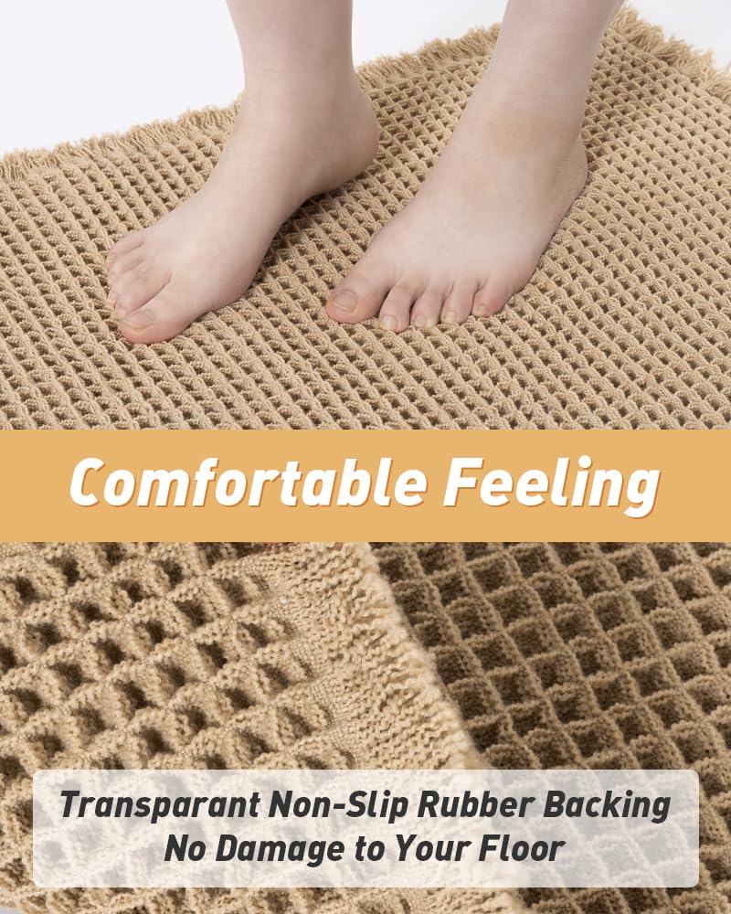 Upgraded Waffle Runner Rug, Super Absorbent Non Slip Bath Mats for Bathroom Floor, Machine Washable Bathroom Runner Rug with Tassels, Ideal for Hallway Bedroom Laundry Room, Brown, 2'x 6'(24" x 72")