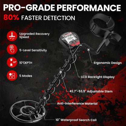DR.ÖTEK Metal Detector for Adults Waterproof, Professional Gold Detector Kit with High Accuracy, 10" IP68 Coil, Backlight LCD Display, 5 Modes, Advanced DSP Chip for Treasure Hunting, MTXR-Red