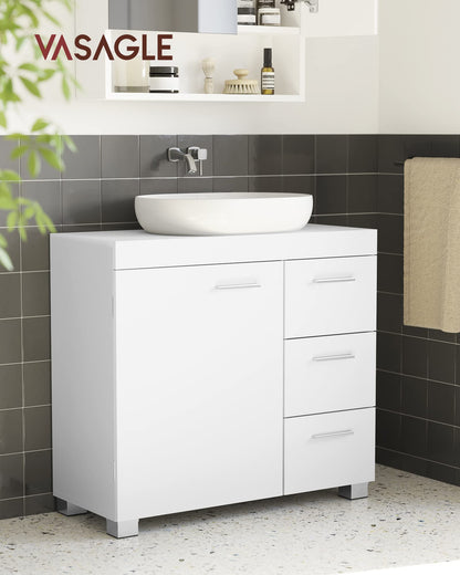 VASAGLE Under Sink Bathroom Cabinet, Storage Cabinet, with 3 Drawers, 2 Compartments Behind the Door, for Washbasins with Pedestal, with Feet, 30 x 70 x 64 cm, Cloud White BBK504W01