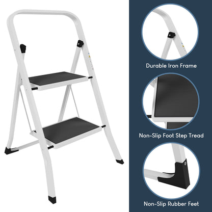 Home Vida 2 Step Ladder - Heavy Duty Steel Folding Ladder with Slip-Resistant and Wide Steps, Folding Mechanism, 150kg Max Load, Home/Kitchen/DIY/Garden Use, White