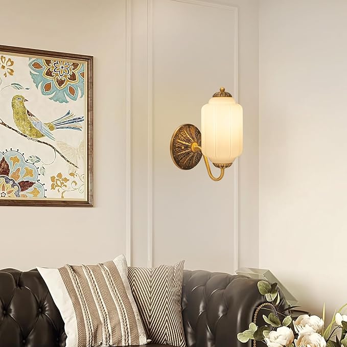 Vintage Mike White Glass Wall Sconce - Milk Glass Shade Antique Brass Indoor Wall Light for Bedroom, Living Room, and Hallway