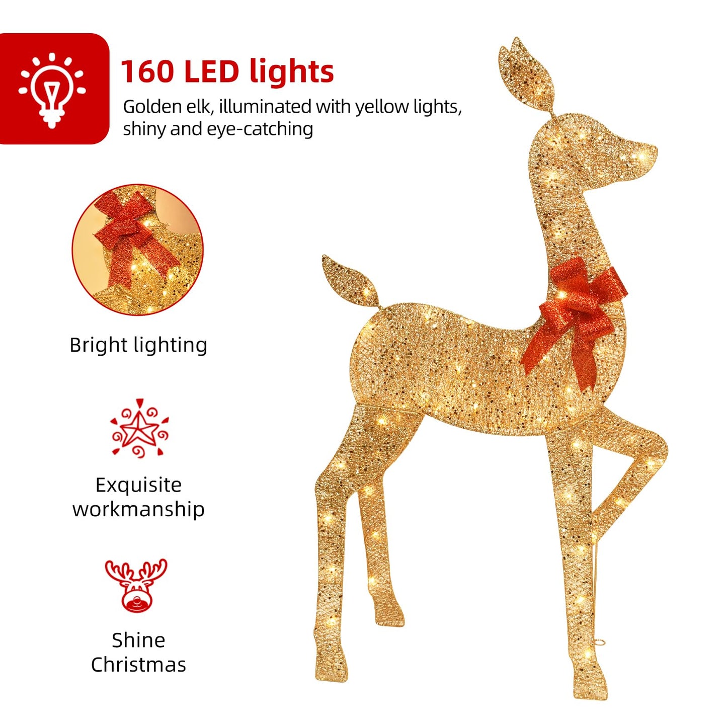 HOYECHI 5 FT Oversized Christmas Decorations Outdoor Lighted Reindeer – 3-Piece 2D Deer Family Set with 160 Warm White LED Lights for Yard, Lawn, Garden & Porch Holiday Display - Gold