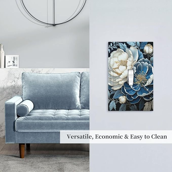 White Blue Flower Peonies Light Switch Covers 1 Gang Single Toggle Wall Plate Decorative Switchcover Electrical Switchplate for Country Living Decor