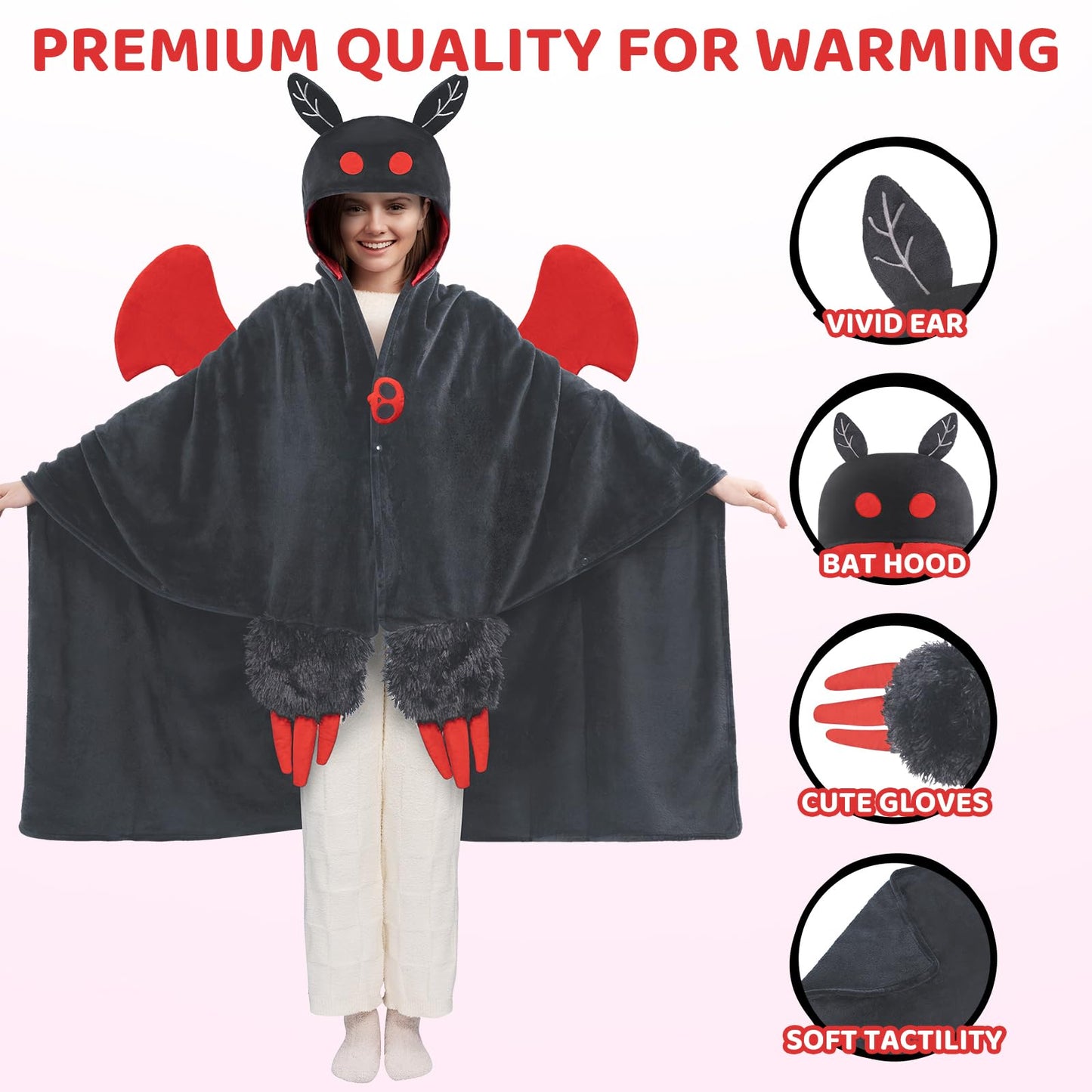 Mewaii Wearable Mothman Blanket Hoodie for Adults, Mothman Costume Hooded Cloak, Warm and Cozy Flannel Cute Animal Blanket Hoodie, Funny Blankets Gifts for Women And Males
