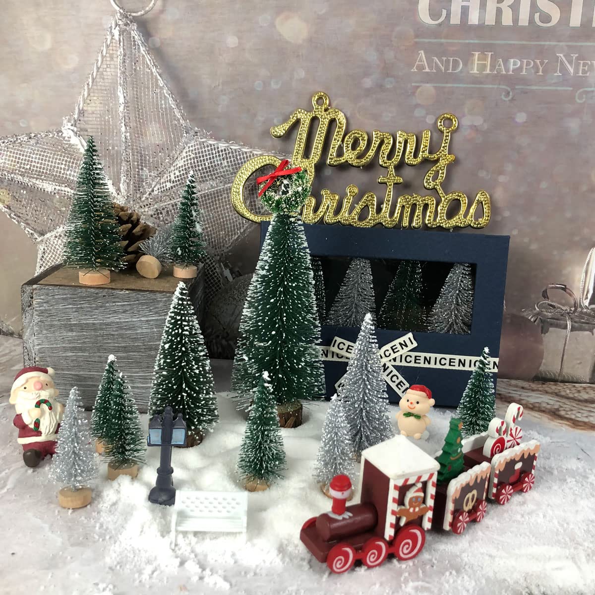 NotiGat Miniature Christmas Pine Tree mini Bottle Brush Christmas Trees Table top Village Winter Tree for Christmas Decorations Wooden Bases （36pcs）